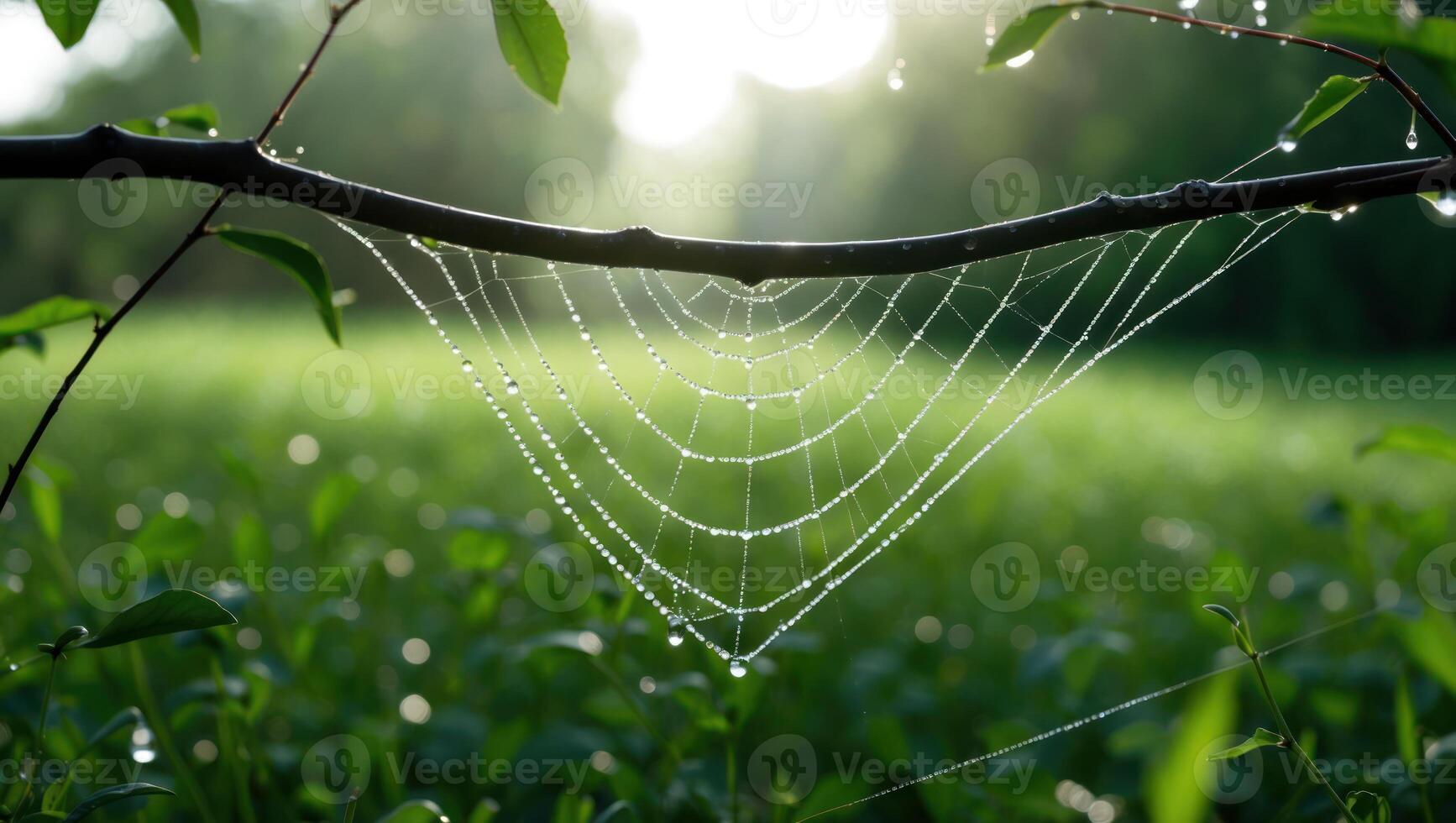 Spiderweb with Water Droplets Hanging From Tree Branch in Meadow photo