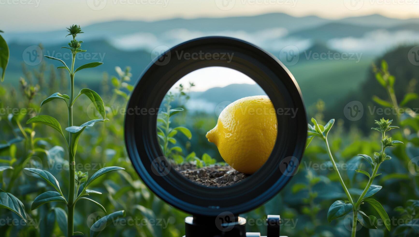 Lemon in Nature Setting Seen Through Circular Frame Perspective photo