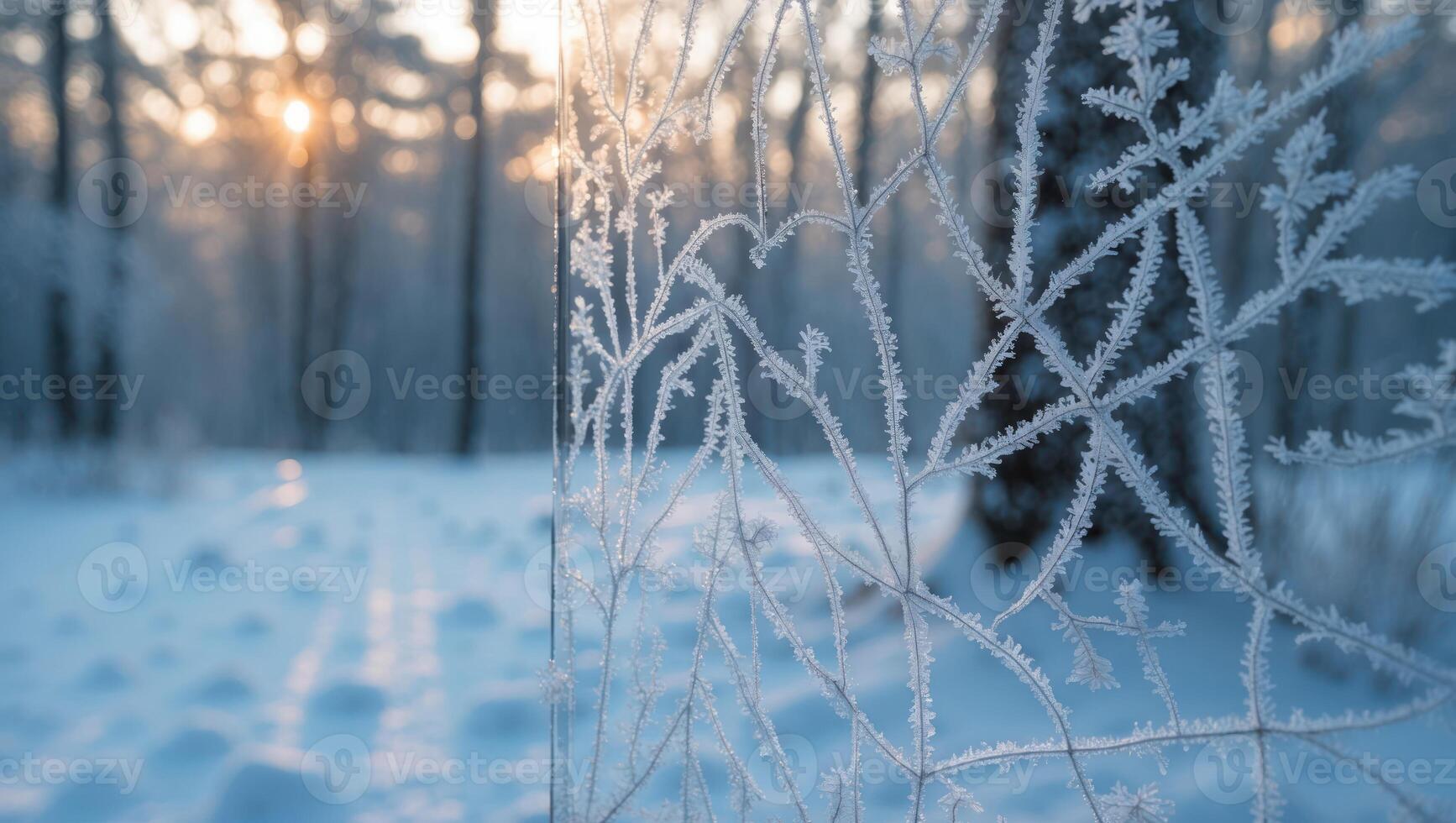 Frozen Plant in Winter Landscape with Soft Sunrise Light photo