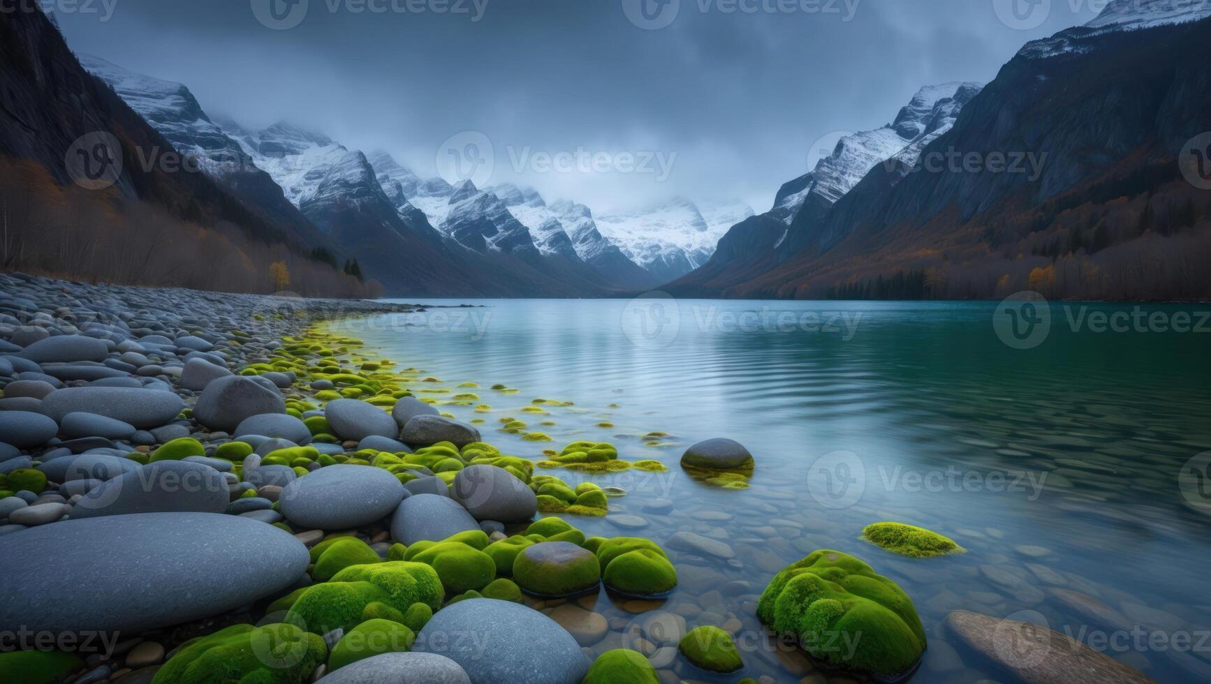 Scenic Mountain Lake Landscape with Mossy Rocks and Snowy Peaks photo