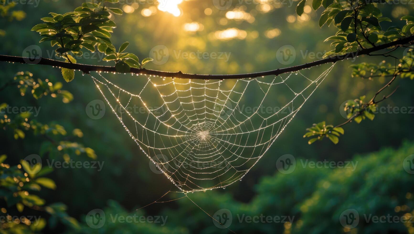 Spiderweb with Dew Drops Hanging From Branch in Lush Forest photo