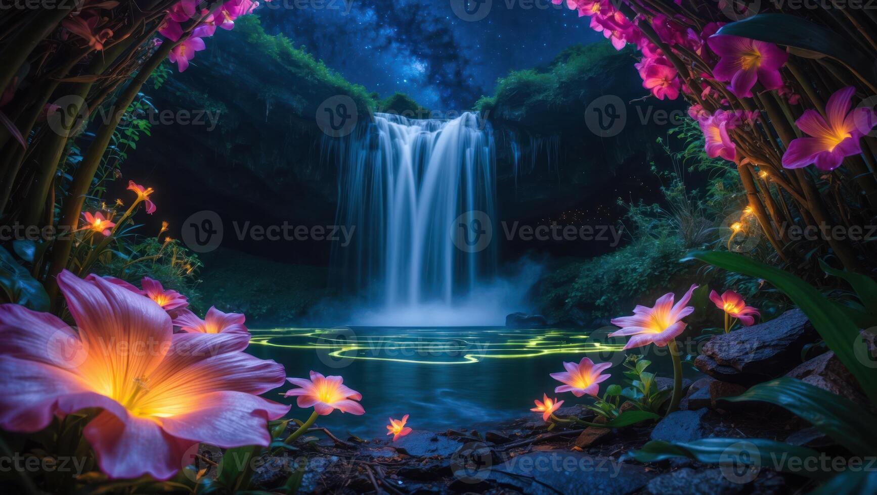 Mystical Waterfall Flowing Into Pool Surrounded by Flowers at Night photo