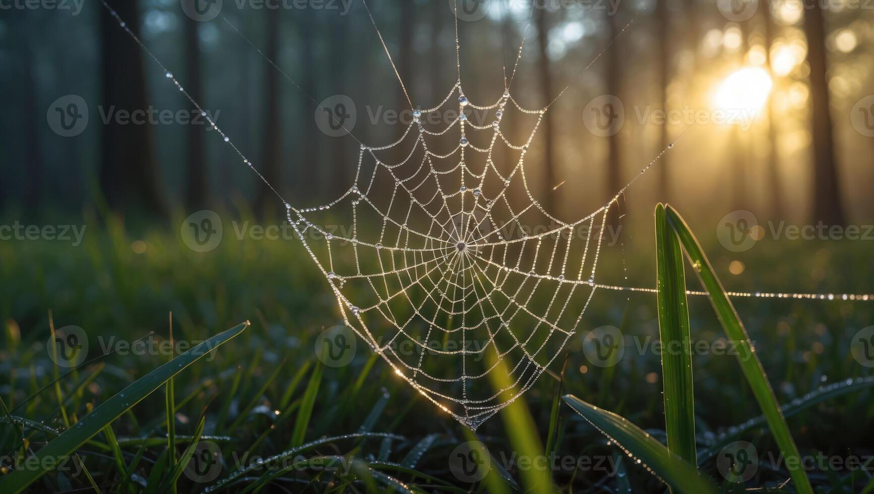 Spiderweb with Dewdrops Shimmers in Sunlight in a Grassy Forest photo