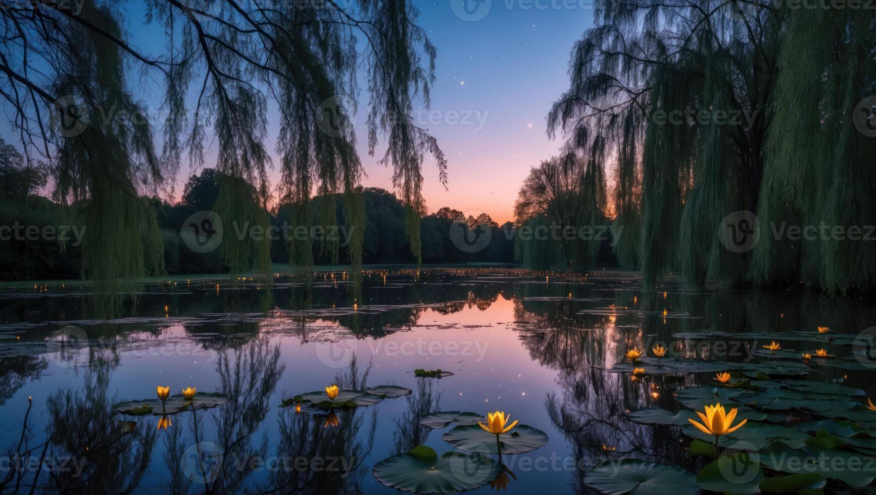 Water Lilies Floating on a Tranquil Pond at Dusk with Trees photo