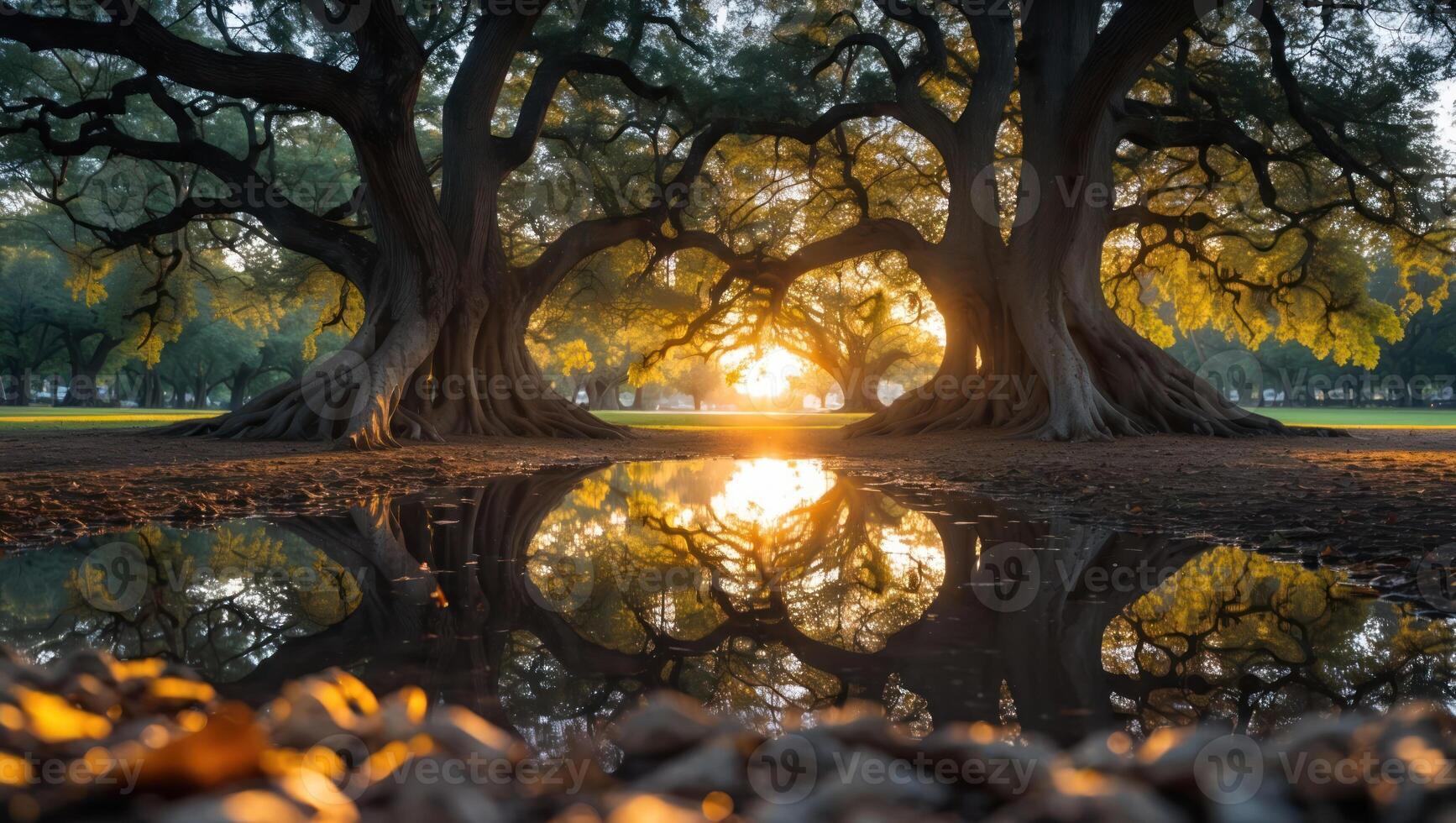 Majestic Old Trees Reflected in Water at Sunset Creating Magic photo