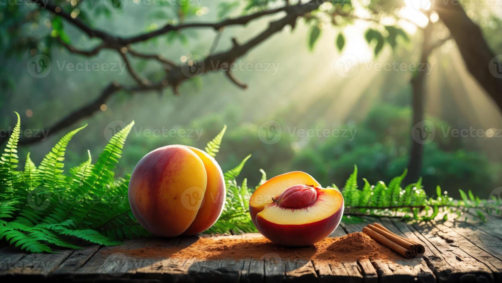Peaches on Wooden Surface with Cinnamon and Ferns in Forest photo