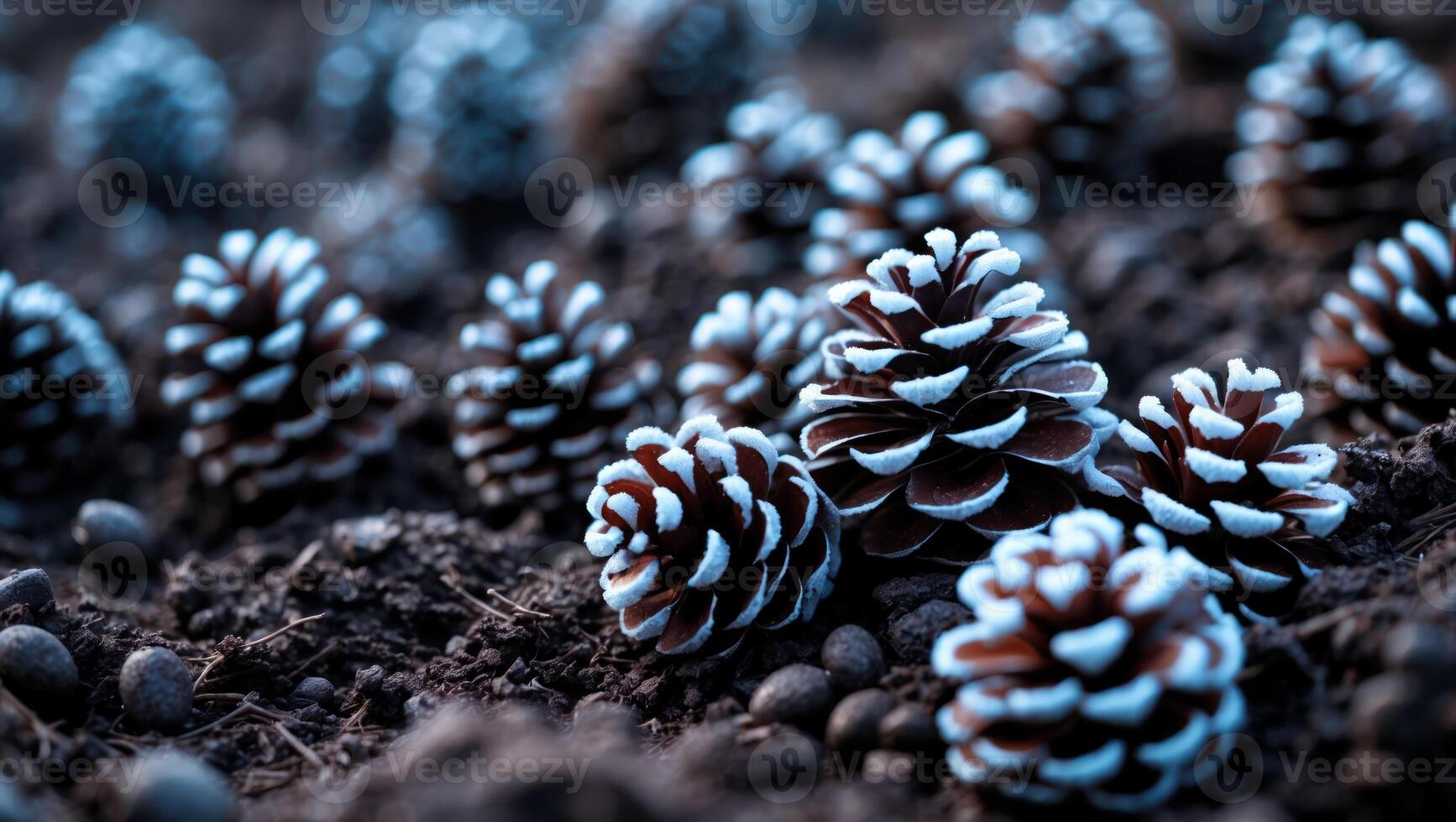 Scattered Pine Cones on Ground Displaying Textured Details Close Up photo