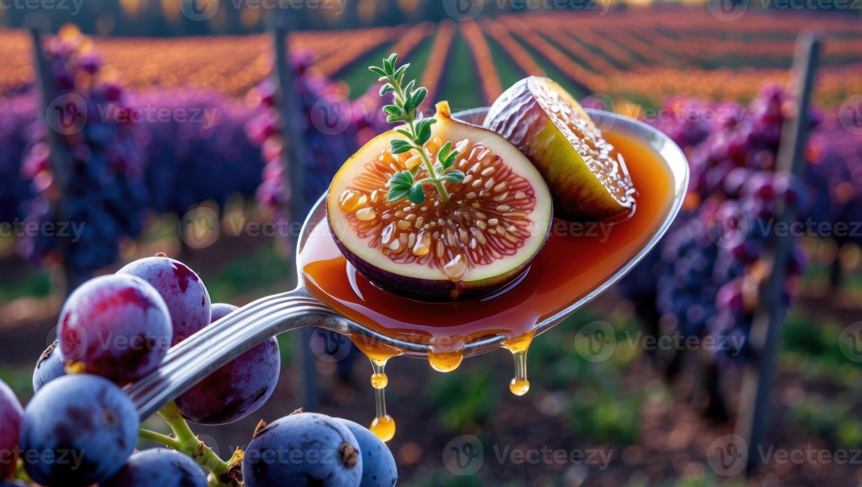 Fig Half and Grape Branch with Sweet Drips in Vineyard photo