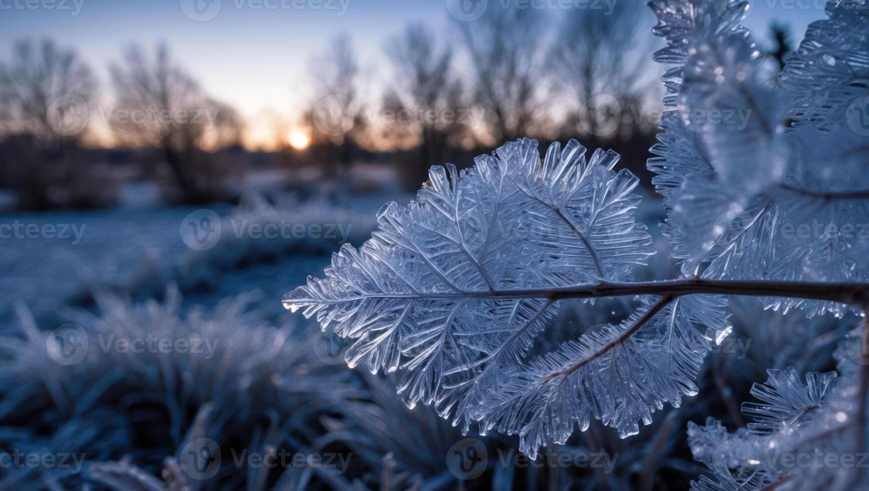 Icy Leaf Close-up on Winter Meadow at Sunset with Trees photo
