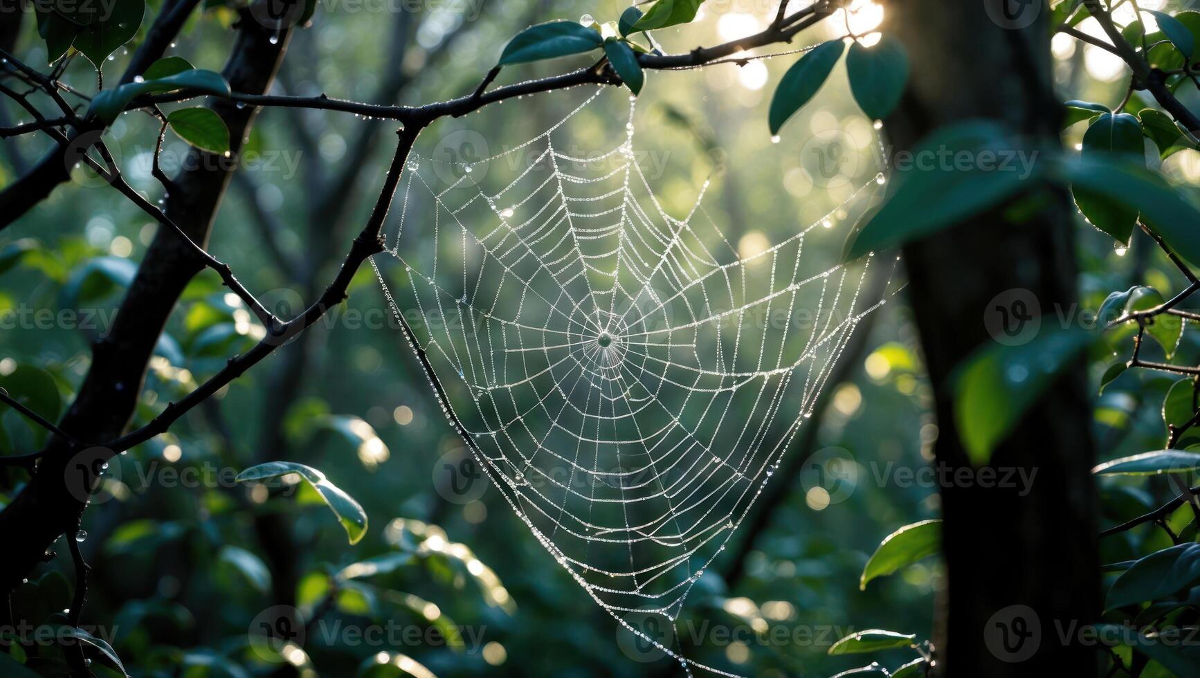 Spiderweb Hangs in Lush Forest with Dewdrops and Sunlight Shining photo