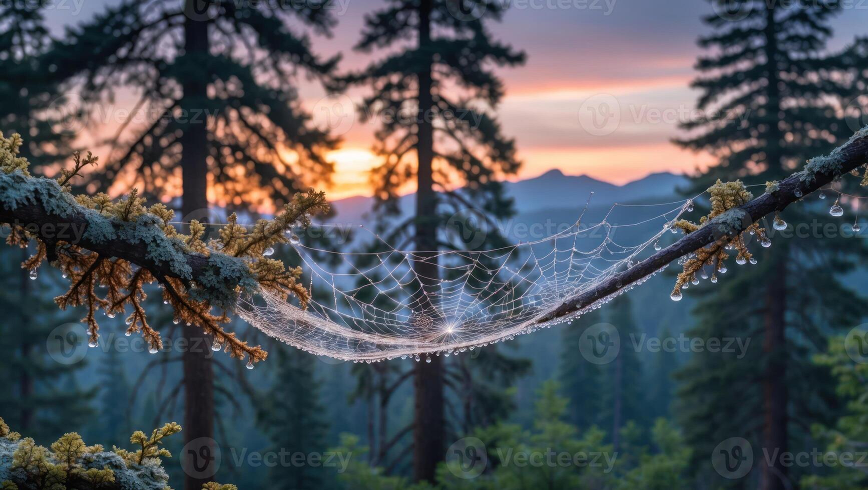 Spiderweb with Dew Drops on Branch at Sunset in Forest photo