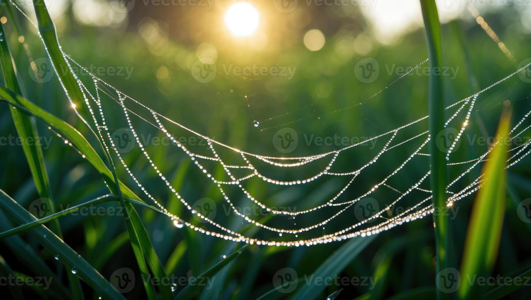 Sparkling Dew Drops on Spiderweb in Green Grass at Sunrise photo