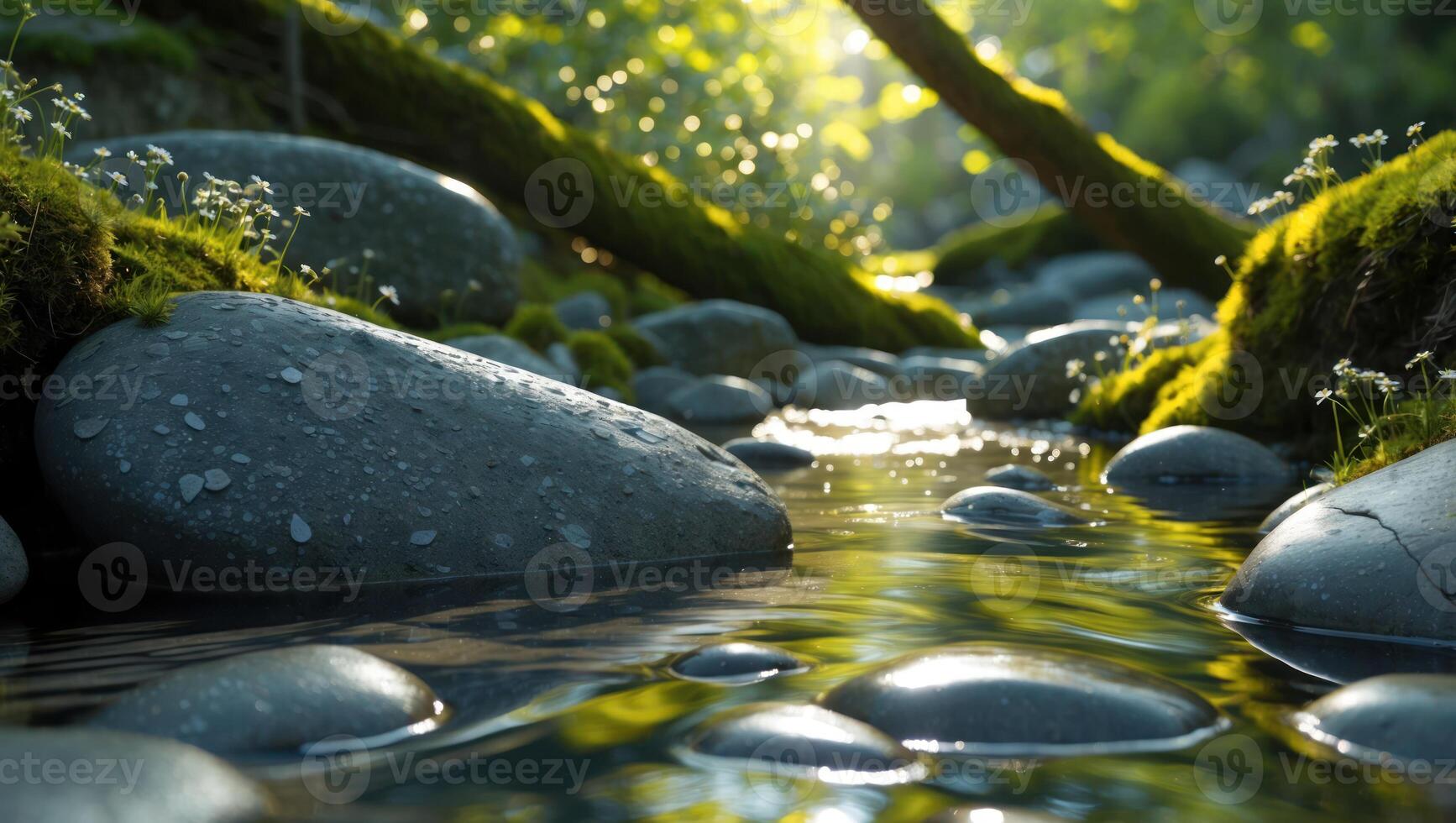 Stream Flowing Through Forest with Mossy Rocks and Sunlight photo