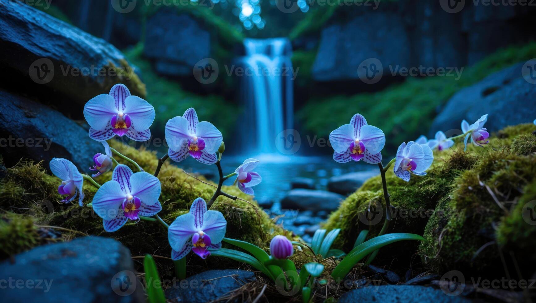 Orchid Flowers Blossom Near Waterfall in Lush Green Moss Garden photo