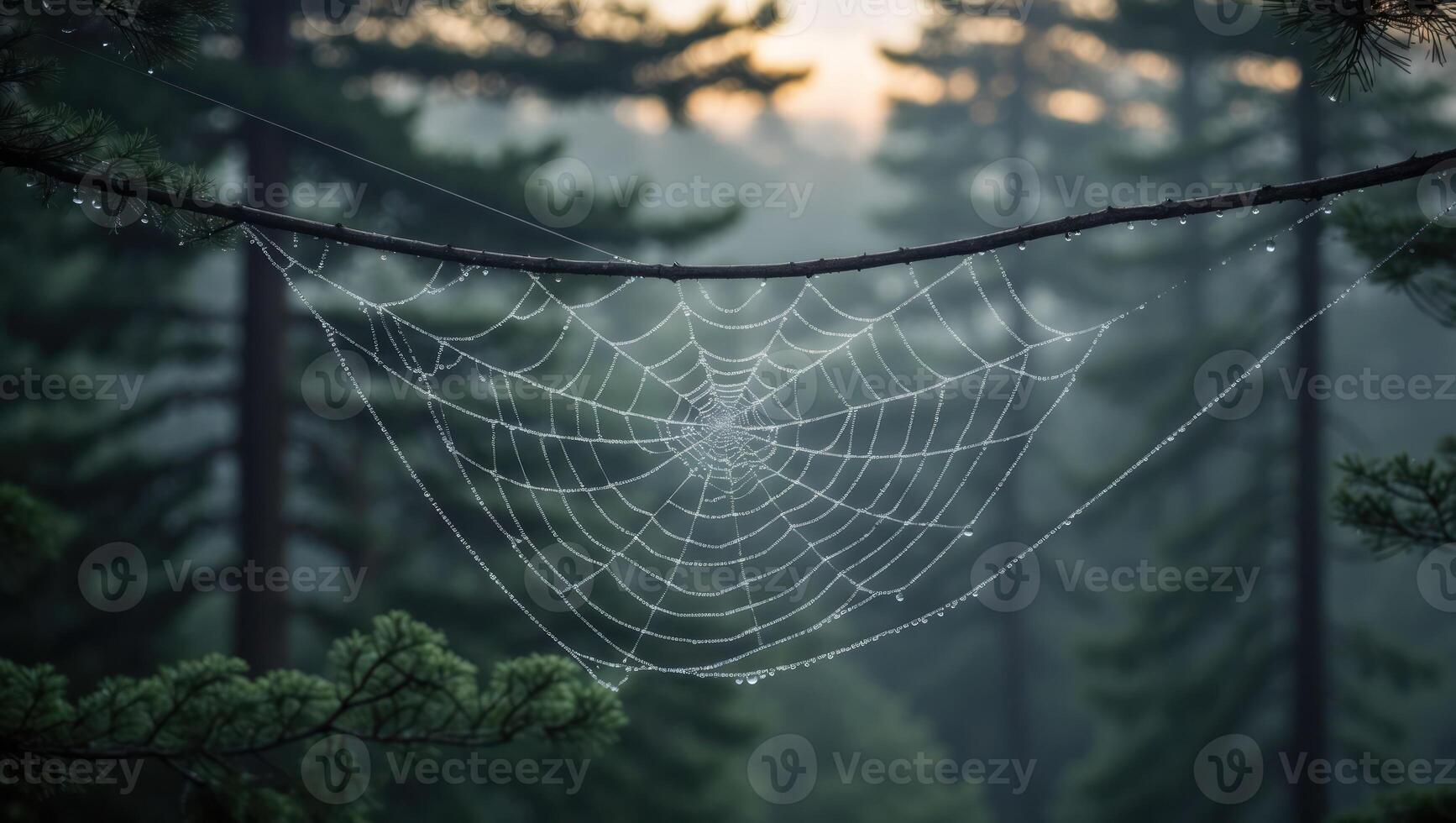Spiderweb Covered in Dewdrops Hangs in a Foggy Forest Morning photo