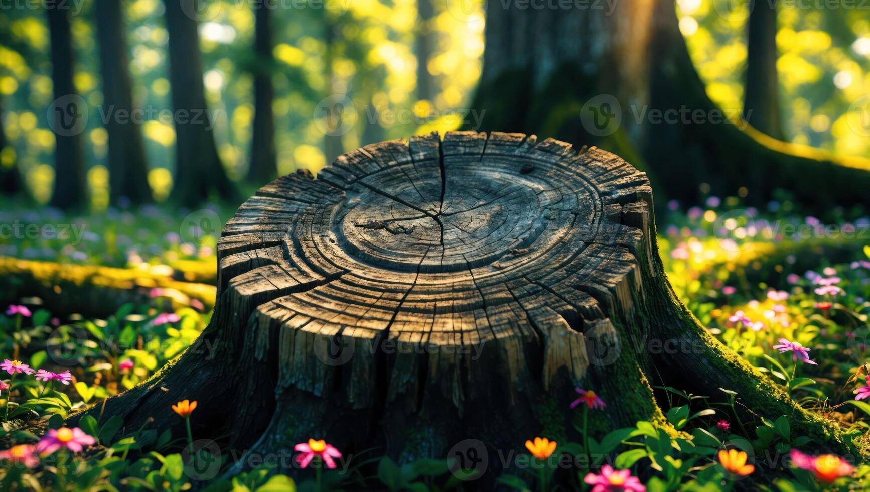 Sunlit Tree Stump in Forest Clearing with Wildflower Ground Cover photo