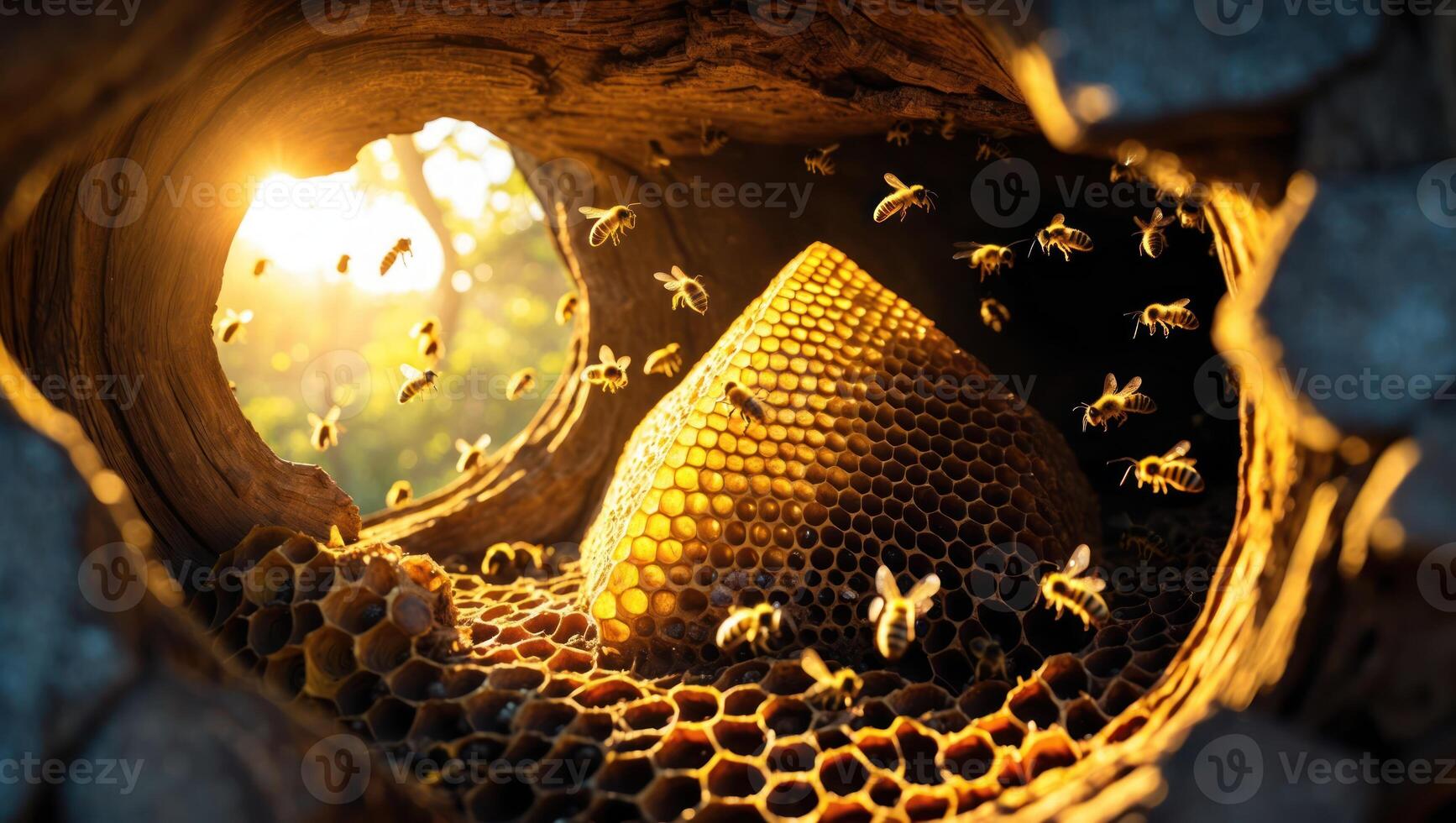 Honeycomb Inside Tree with Bees Flying Around in a Sunny Forest photo