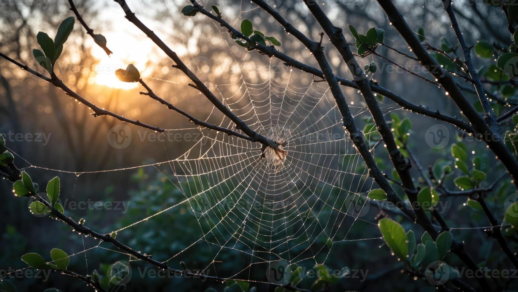 Spiderweb Weaving on Branch at Dawn with Water Droplets Shining photo