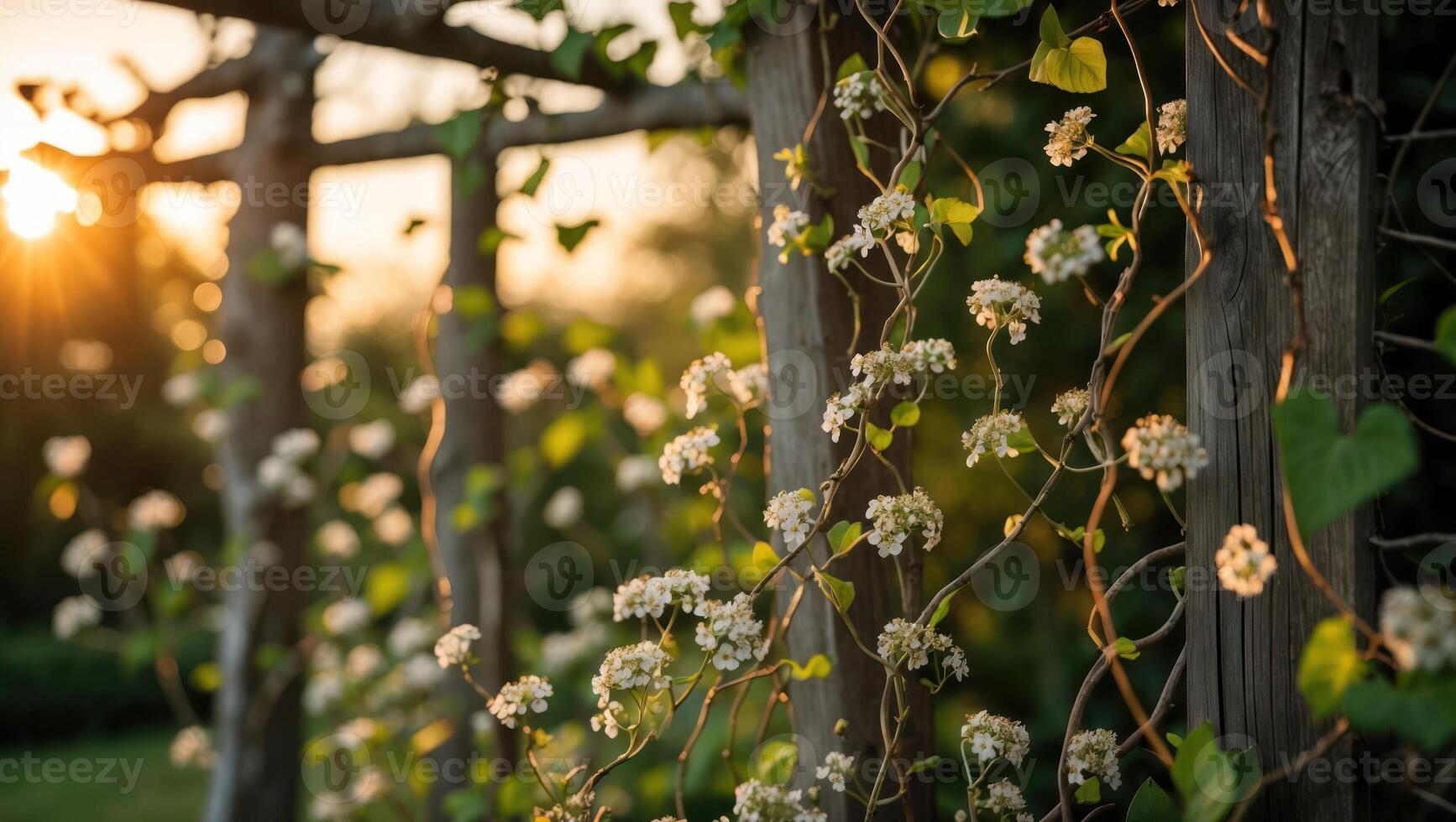 Flowering Vine Climbing Wooden Structure at Golden Hour for Serene Scene photo