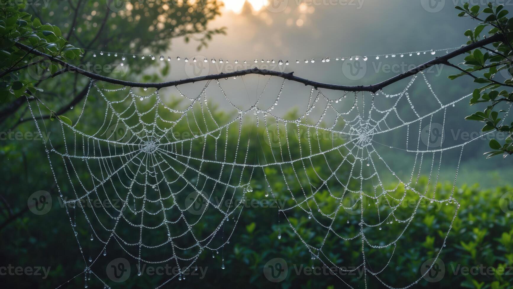 Spiderweb Covered in Dew Drops Hanging on a Tree Branch photo