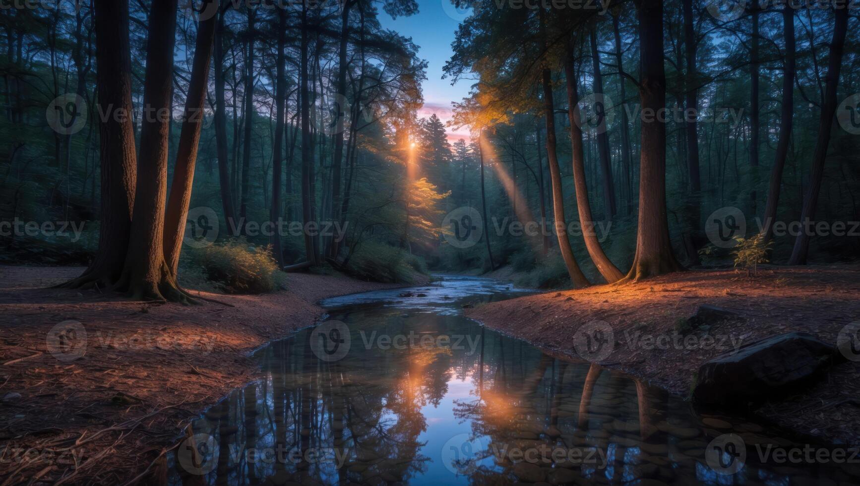 Stream Flowing Through Forest with Sun Rays and Water Reflection photo