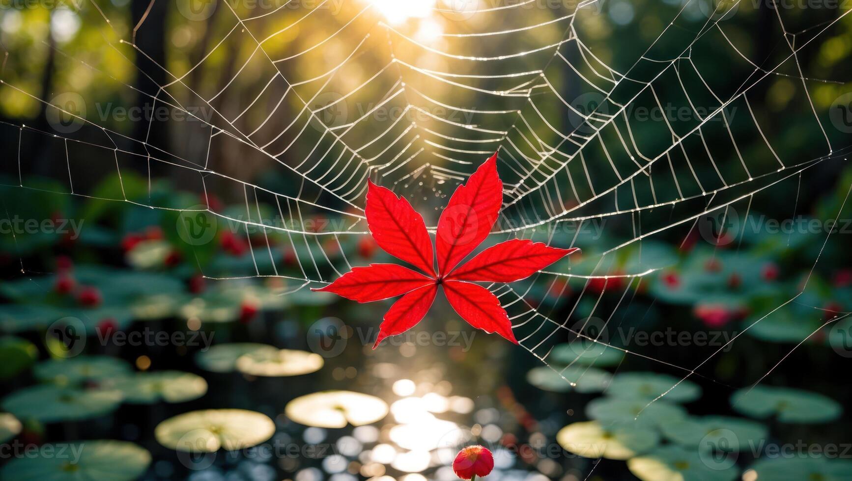 Red Leaf on Spider Web Over Pond with Lily Pads photo