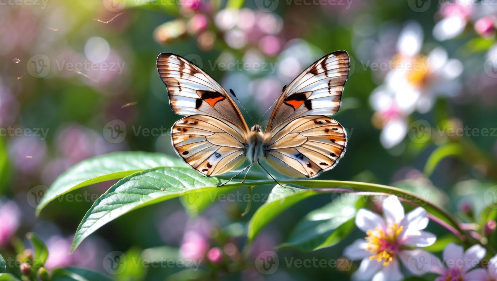 Butterfly Resting on Leaf in Sunny Garden with Colorful Flowers photo