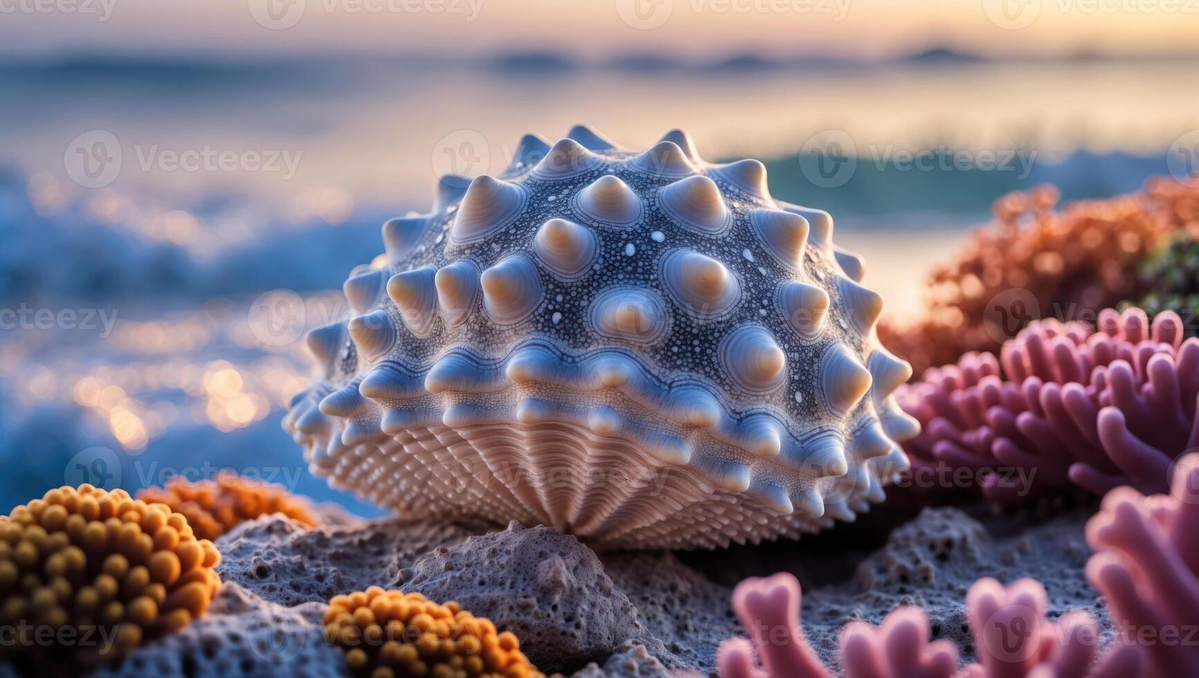 Sea Urchin Resting on Shore with Ocean Waves in Background photo