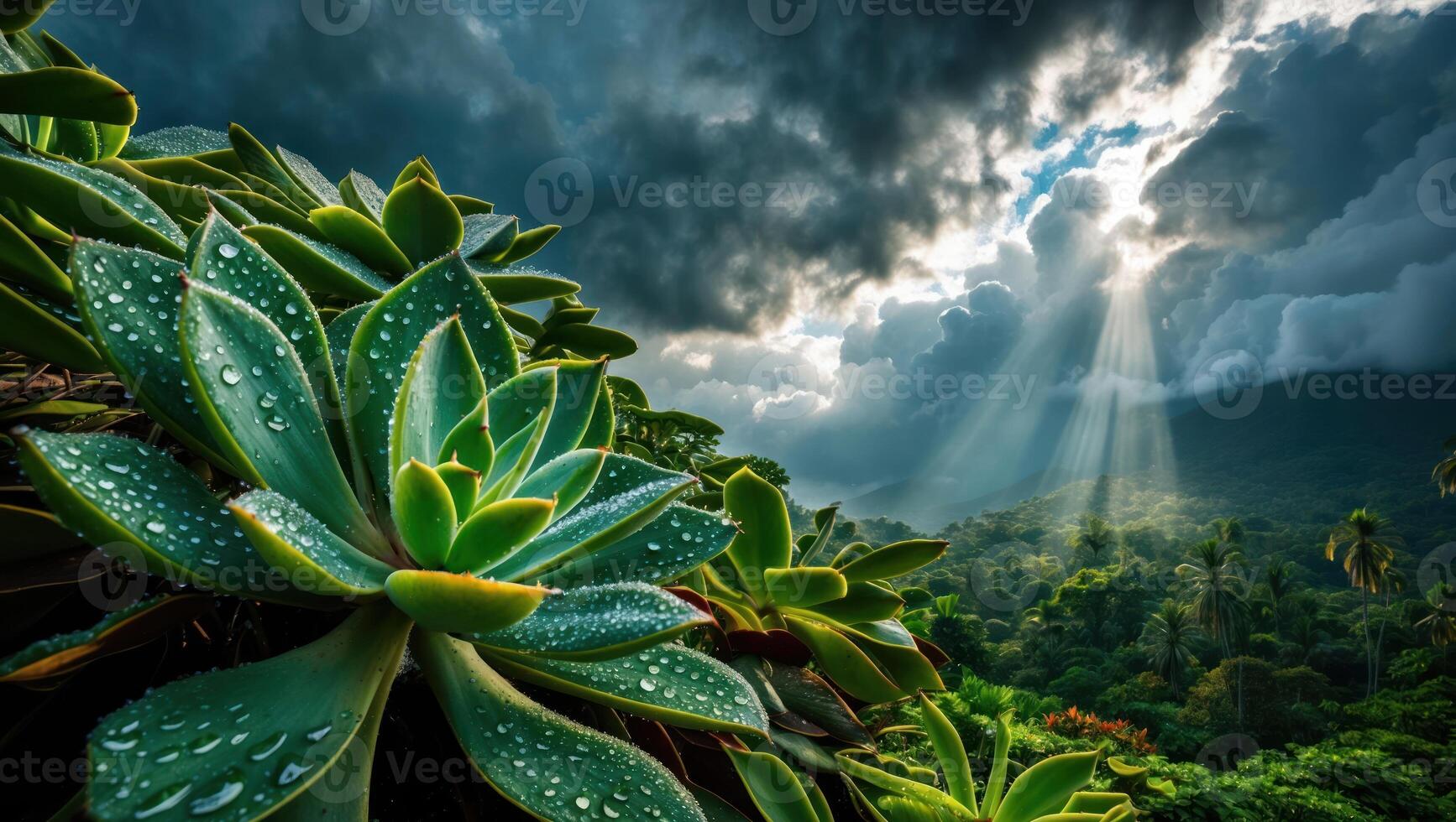 Green Succulent Plant with Water Droplets in Tropical Jungle Landscape photo