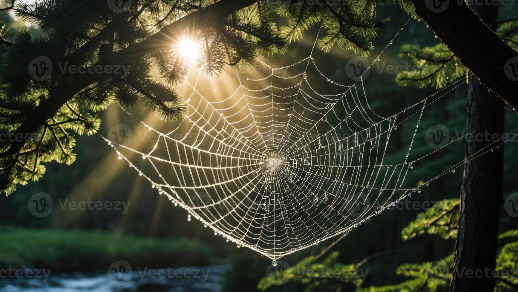 Dew Covered Spiderweb Shines in Sunlight Near River Forest Scene photo