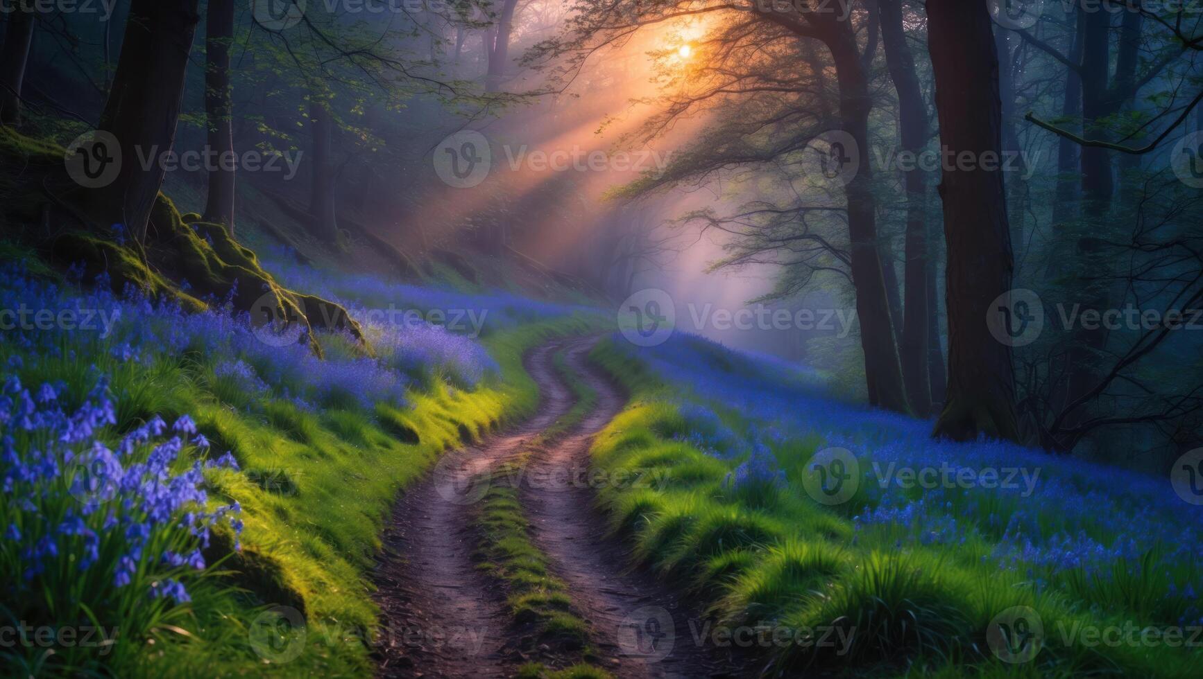 Path Through Bluebell Meadow at Dawn with Fog and Sunbeams photo