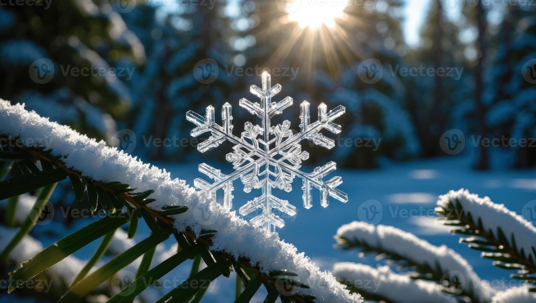 Snowflake Close-up on Snowy Branch with Winter Forest Background photo