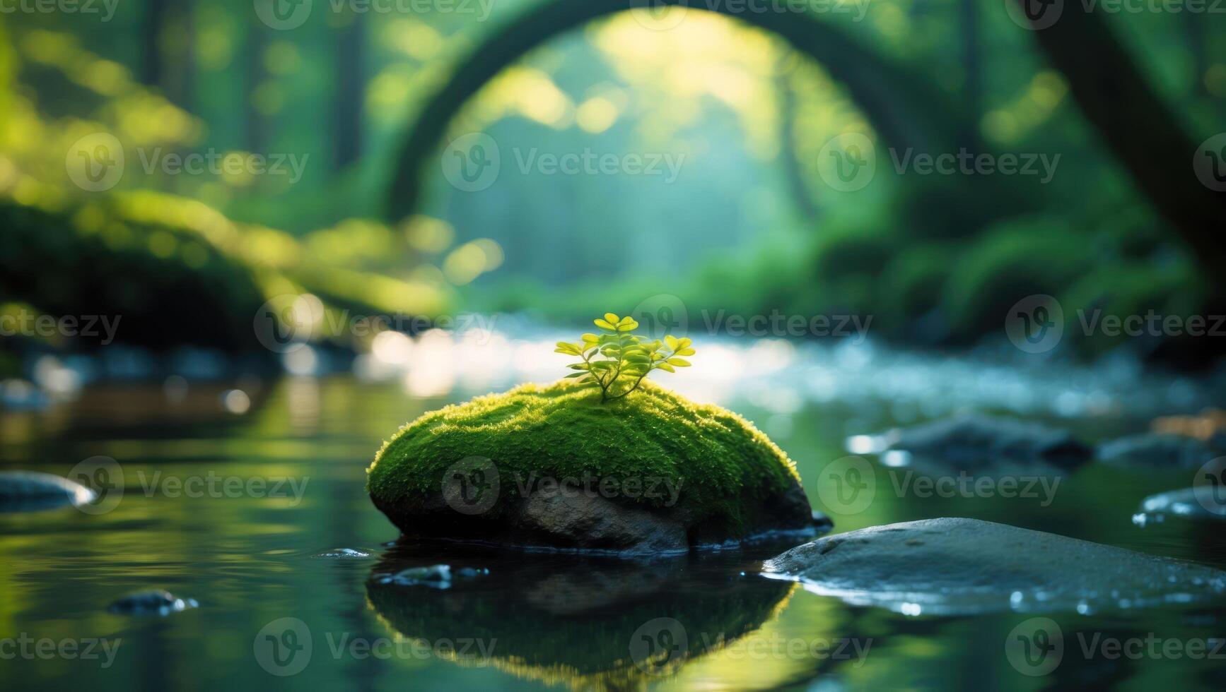 Small Plant Growing on Mossy Rock in Forest Stream photo