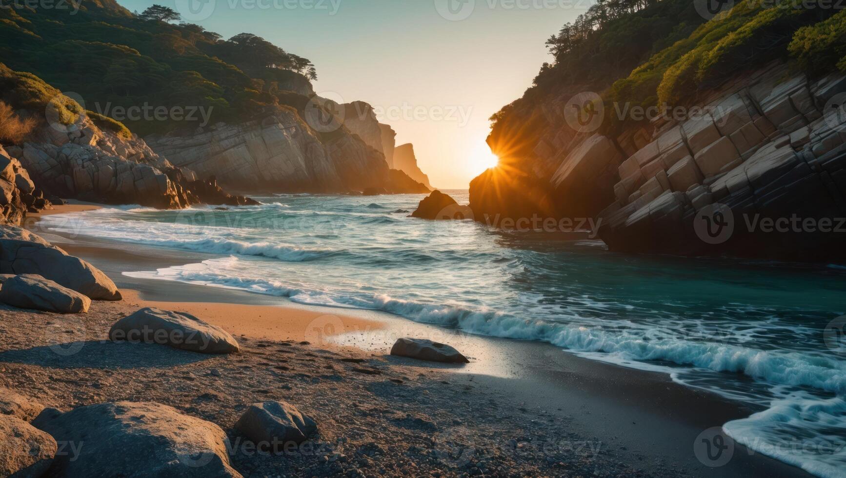 Beach Cove at Sunset with Waves and Golden Light Shining Through photo