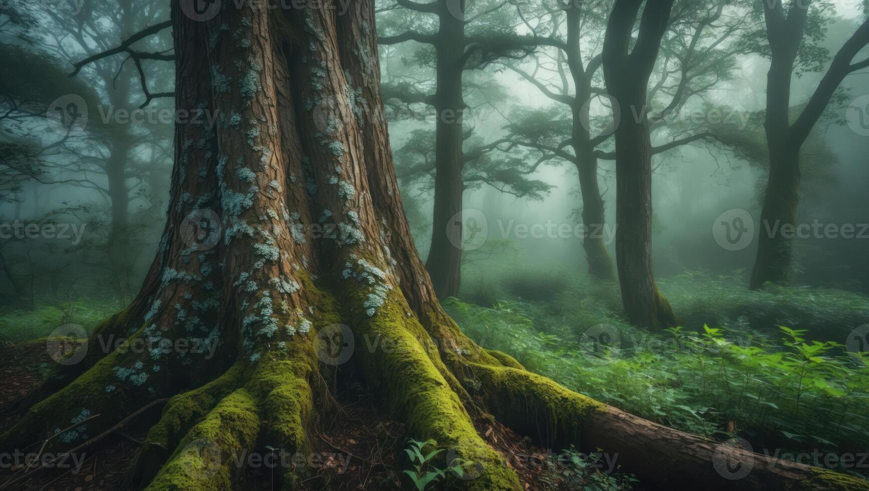 Exploring a Foggy Forest with a Massive Tree Trunk photo