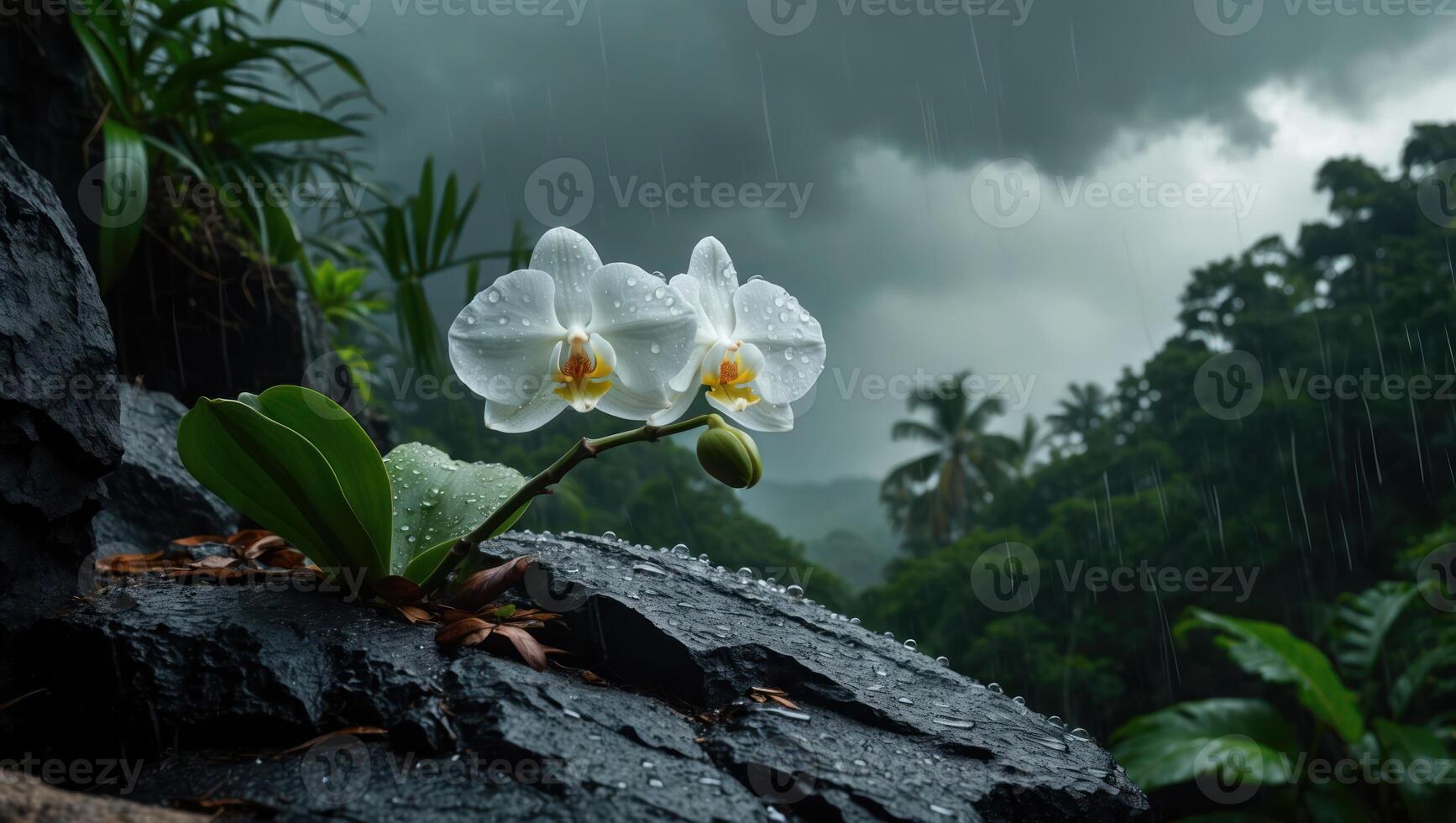 Orchid Bloom on Dark Rock in Rainforest During Rainfall photo