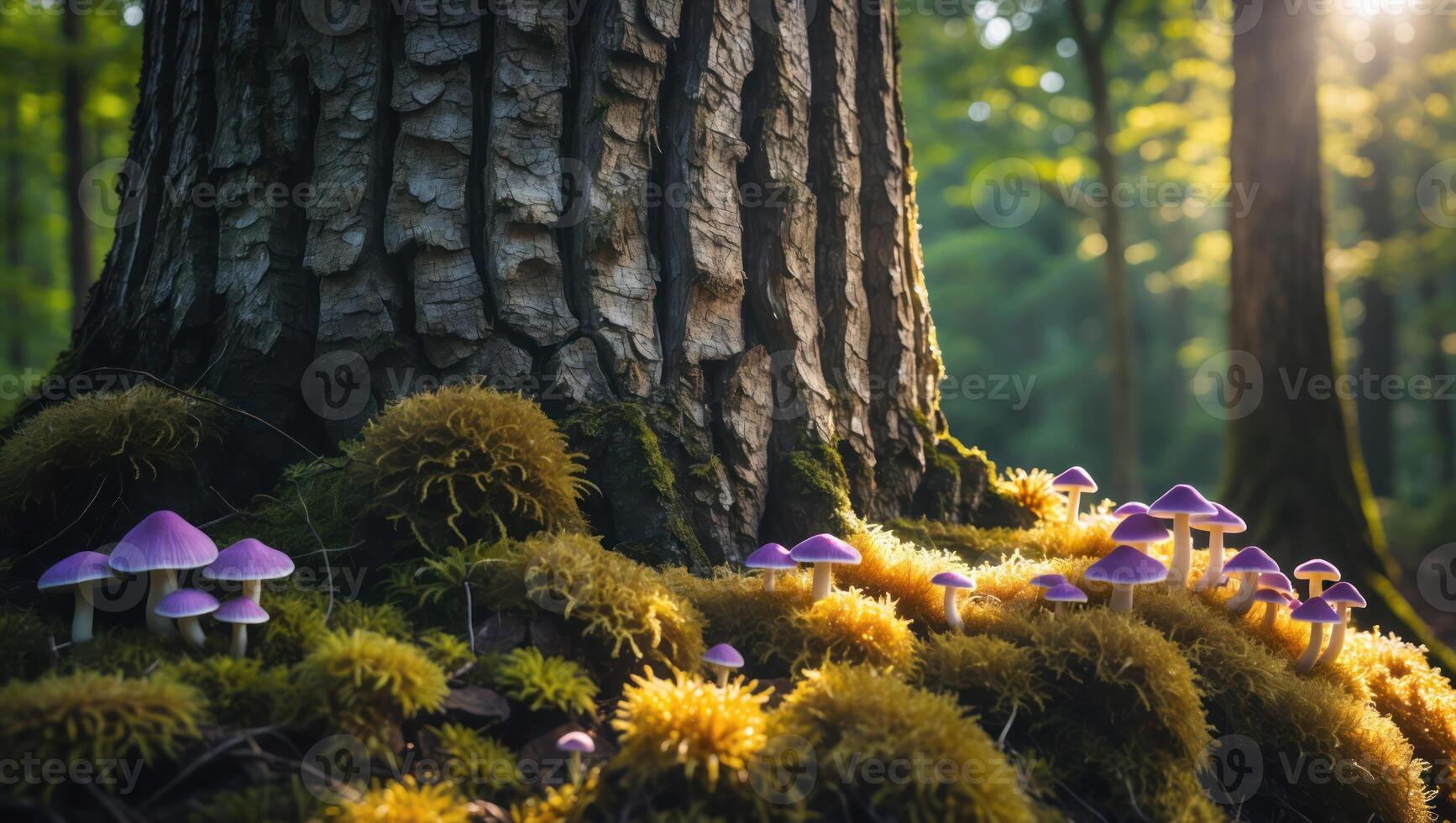 Purple Mushrooms Growing at Base of Tree in Forest Setting photo