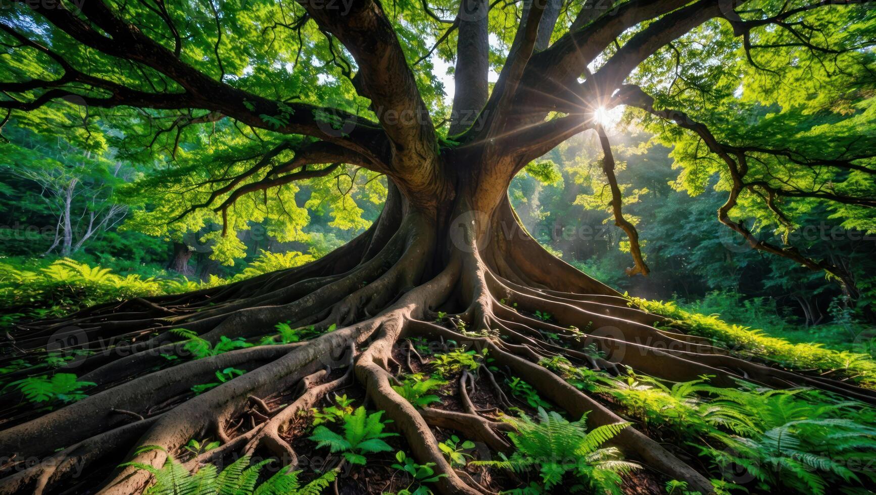 Majestic Tree with Sprawling Roots in Lush Green Forest photo
