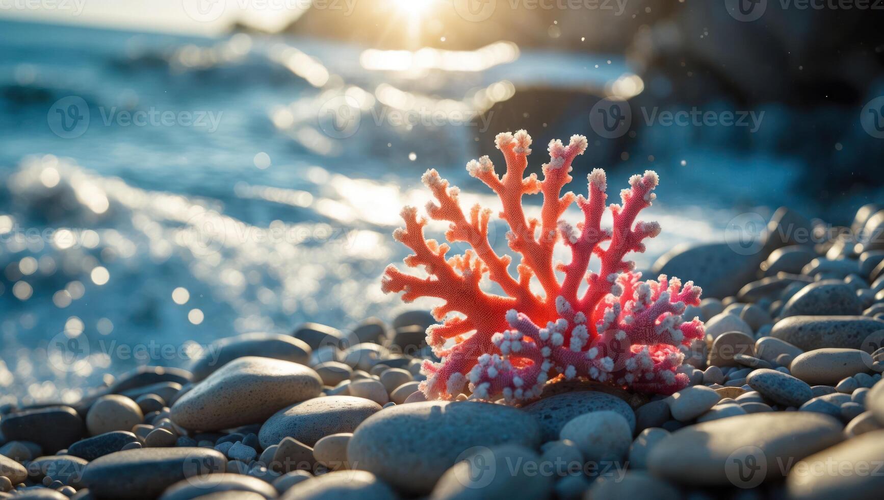 Coral on Pebble Beach with Waves Sparkling in Bright Sunlight photo