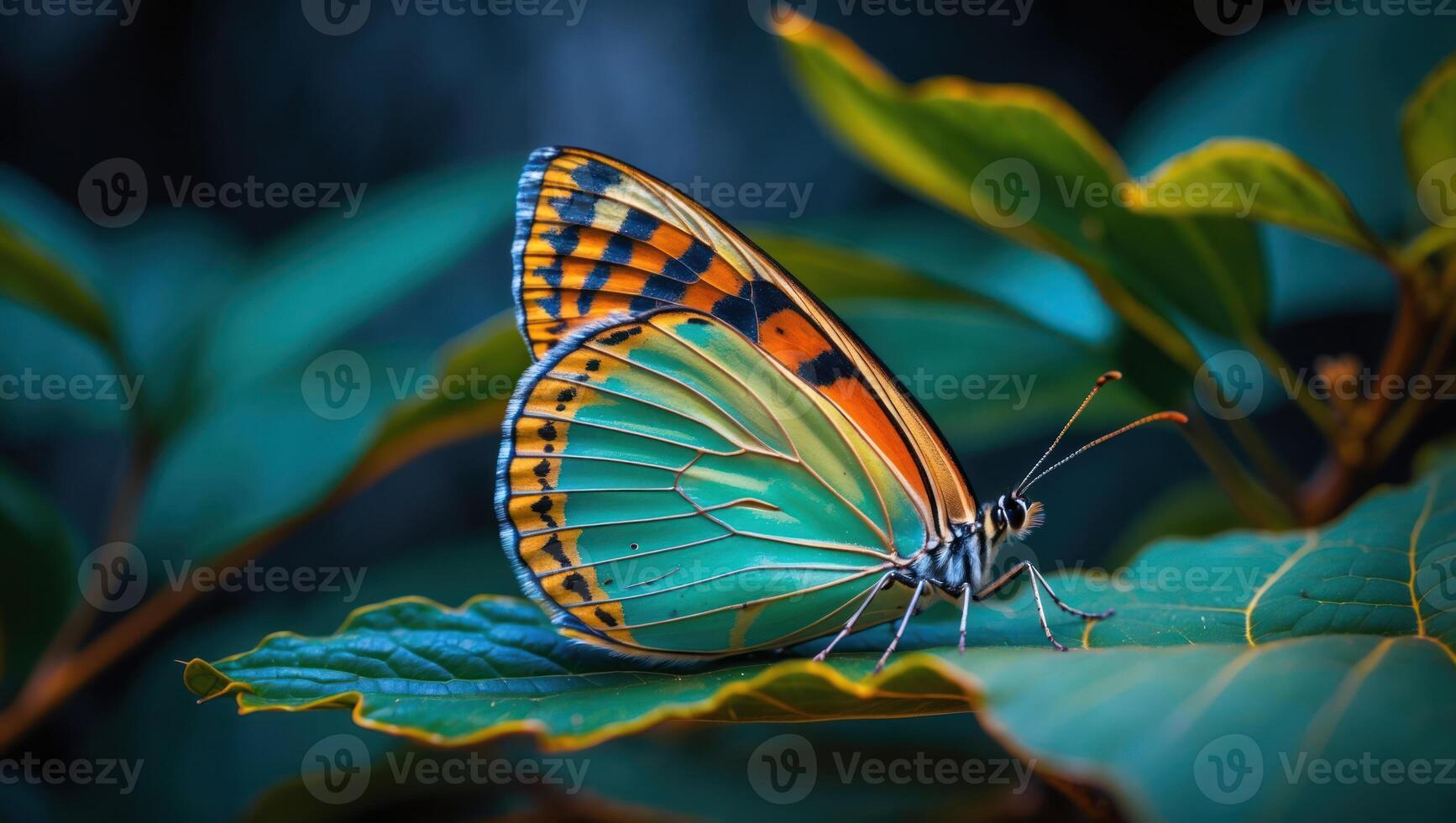 Colorful Butterfly Resting on Leaf with Detailed Wing Patterns Macro photo