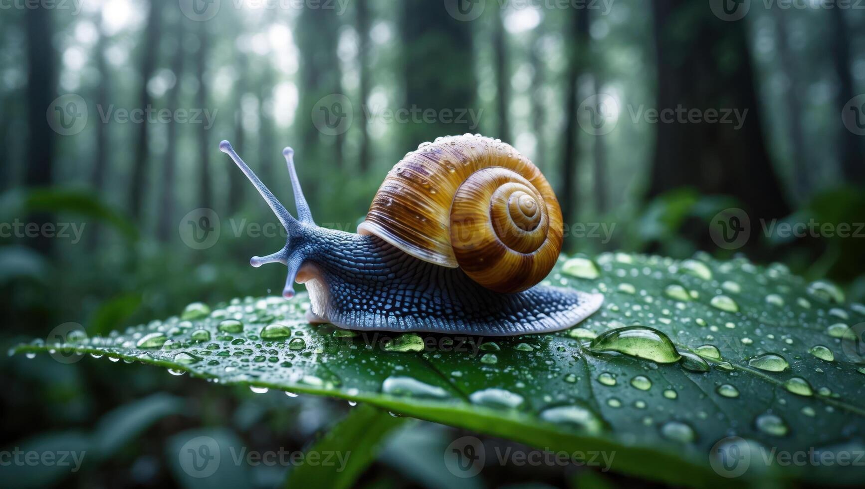 Snail Crawling on Wet Leaf in Forest After Rain photo