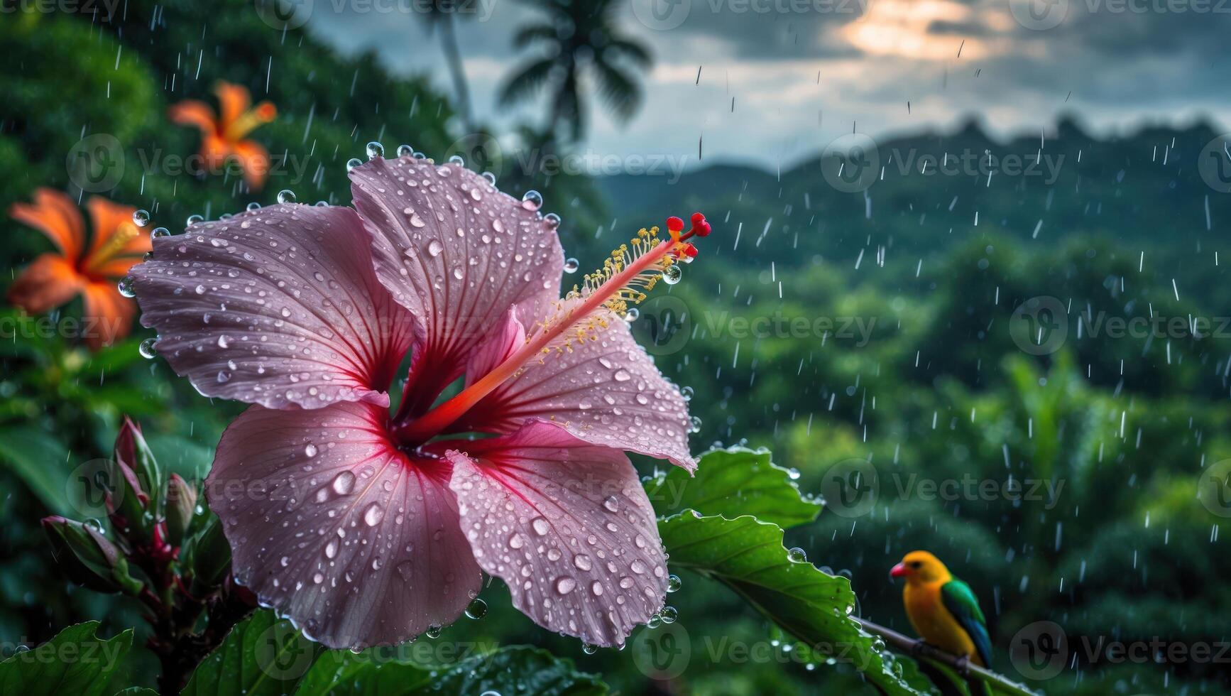 Hibiscus Bloom in Rain with Tropical Forest and Bird Perched photo