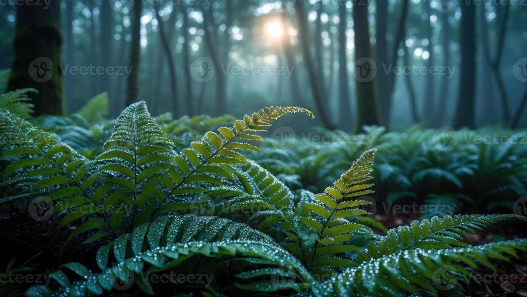 Ferns with Water Droplets in a Misty Forest at Sunrise photo