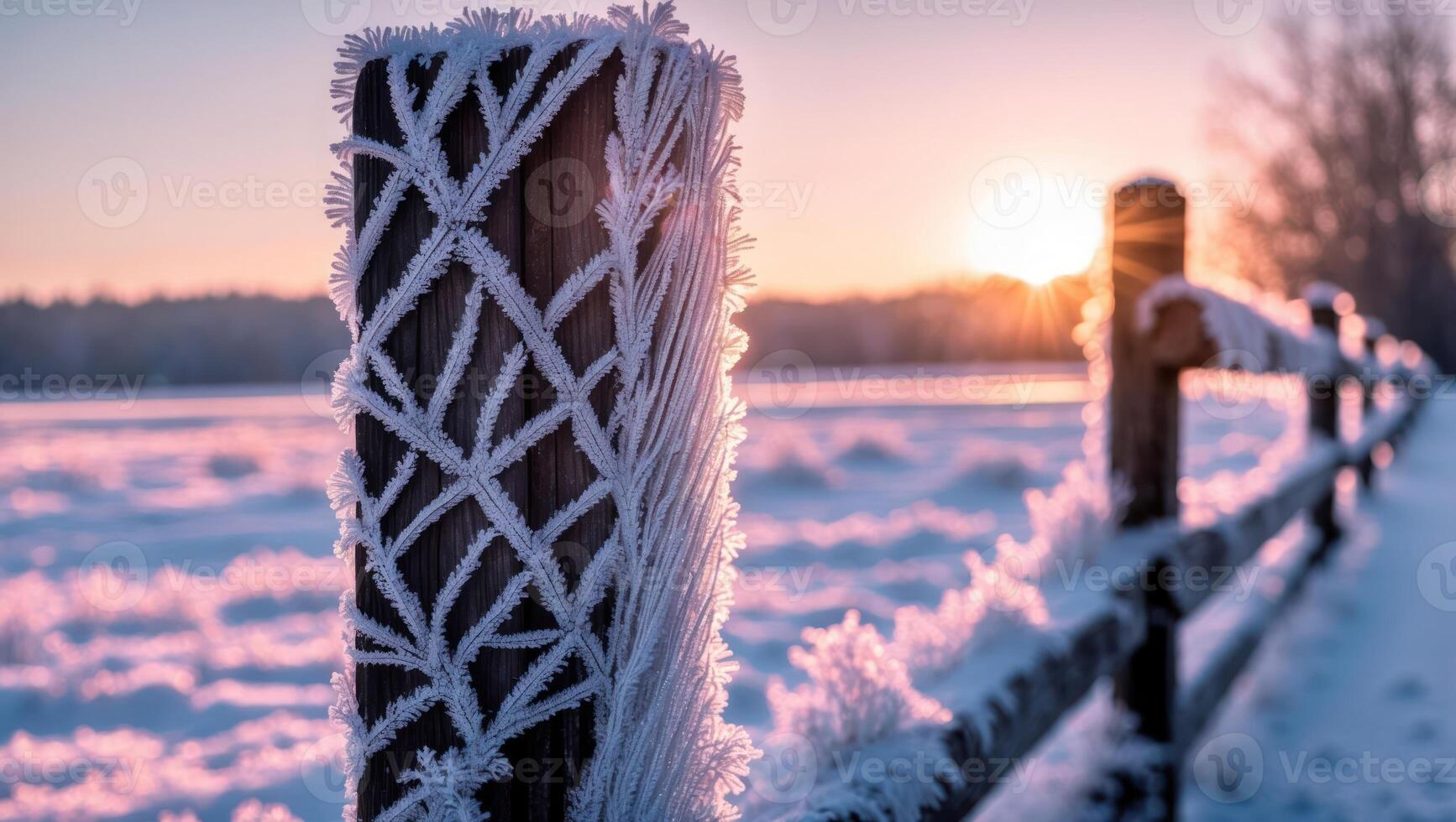 Frozen Fence Post with Ice Crystals at Winter Sunset Landscape photo