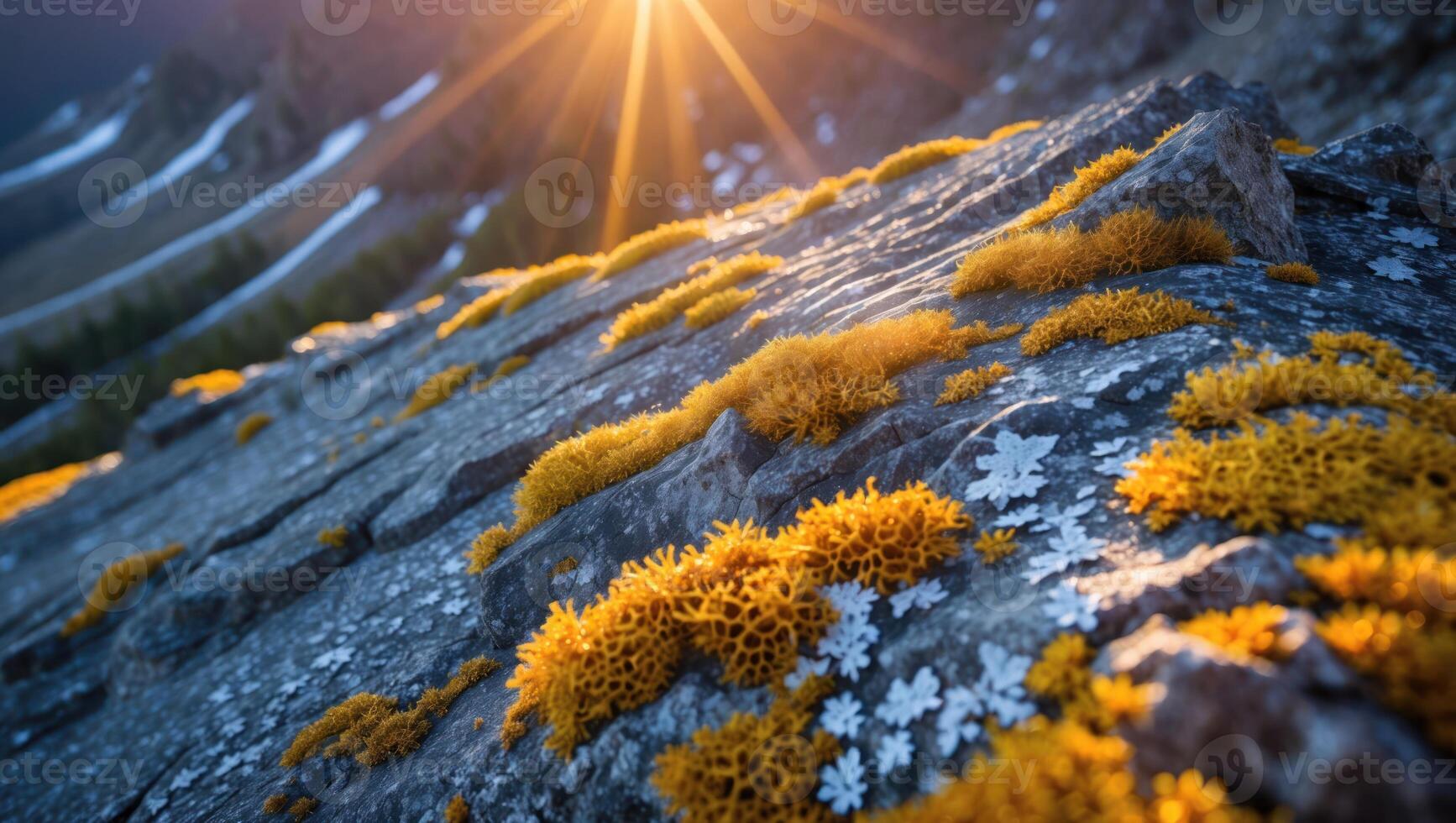 Moss and Lichen on Rock Surface at Sunset in Mountainous Terrain photo