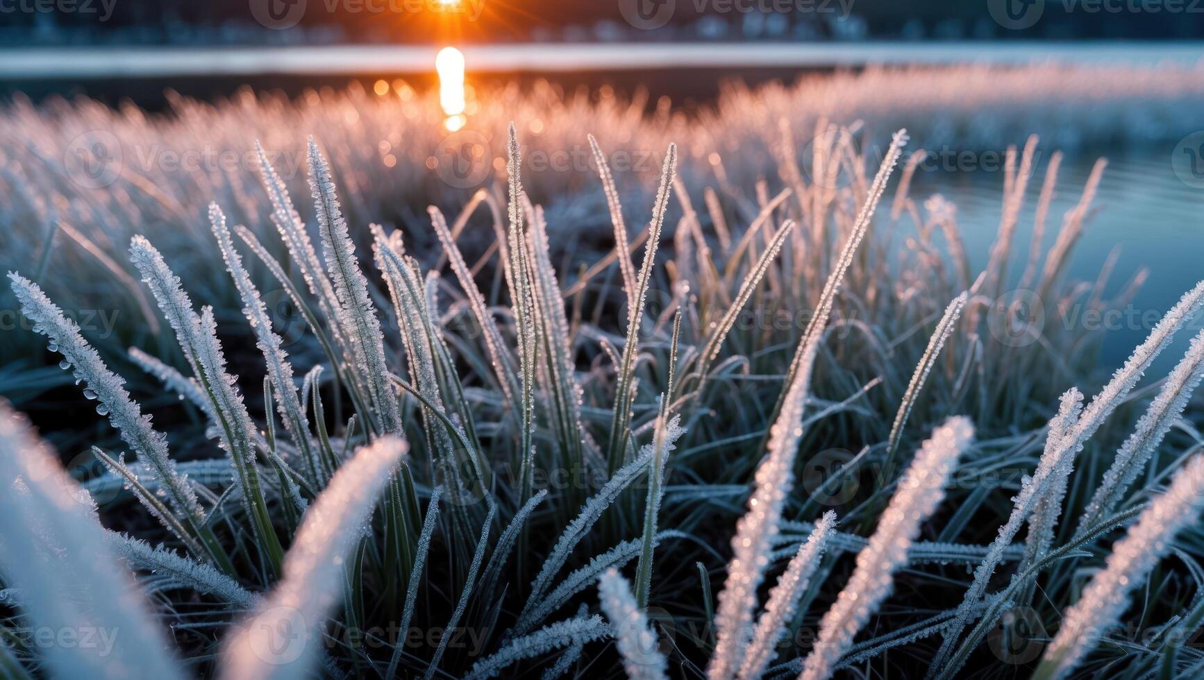 Frosty Grass at Sunrise Near Water Sparkling in Winter Light photo
