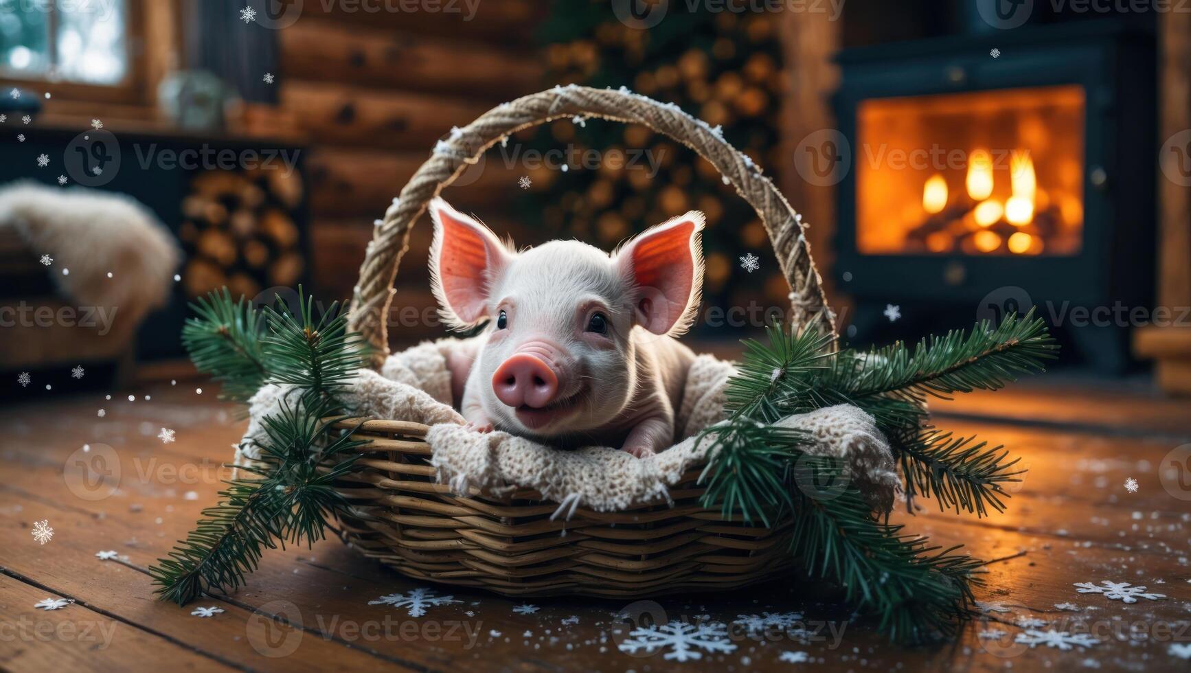 Piglet in Basket with Fireplace and Snowflake Decorations Creates Cozy Scene photo