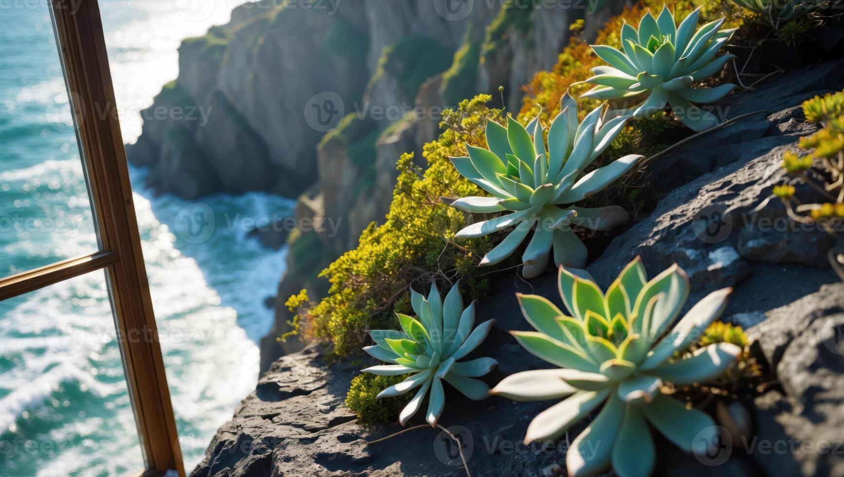 Succulent Plants Growing on Rocky Cliffside Overlooking the Ocean Vista photo