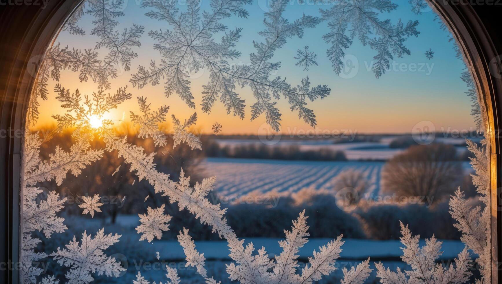 Snowflake Window View of Winter Field at Sunrise Brings Holiday Cheer photo