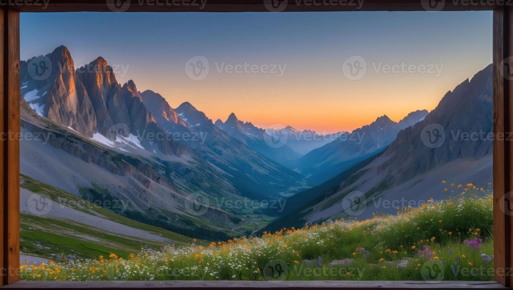 Viewing Mountain Range Landscape Through a Rustic Window Frame at Sunset photo